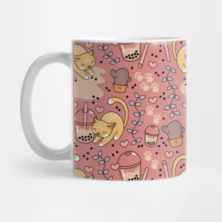 Cute Cat Bubble Tea Pattern - Pink Version Mug